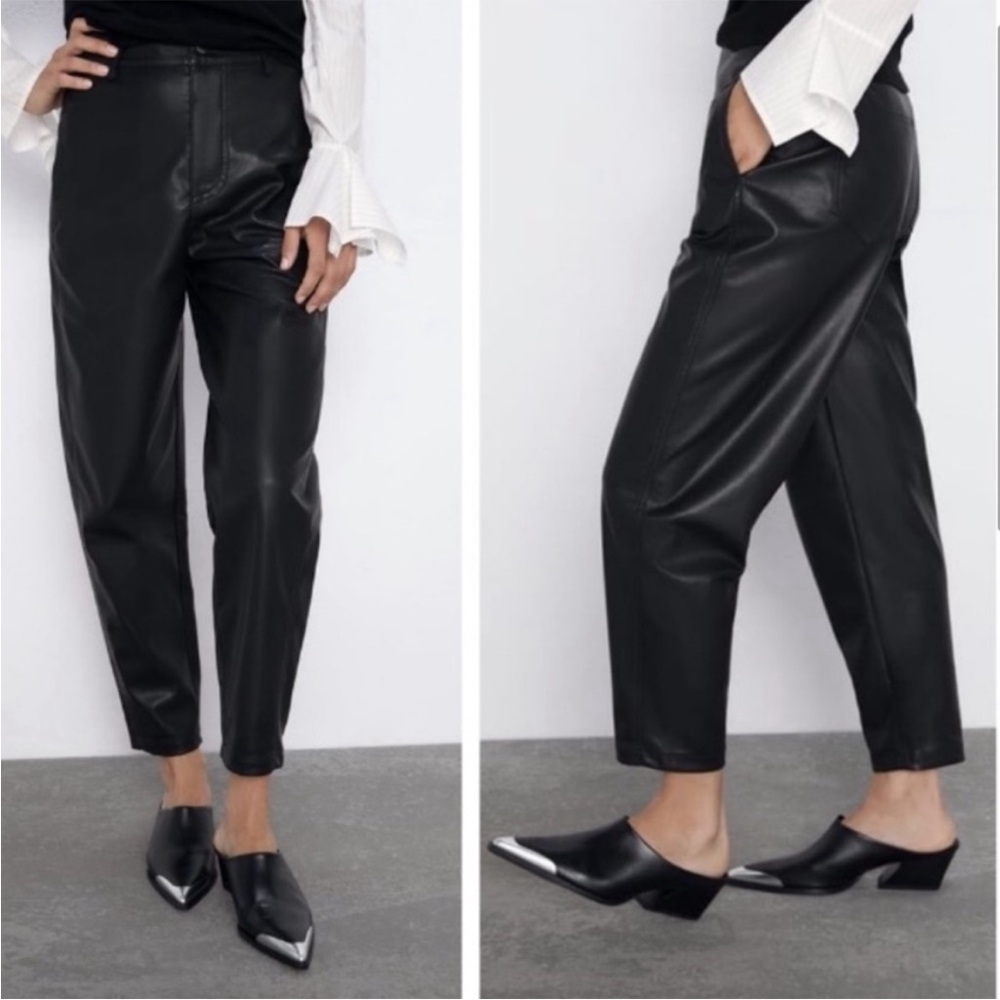 ZARA Black Vegan Faux Leather Pleated Front Pants Size M Blogger Favorite NWT